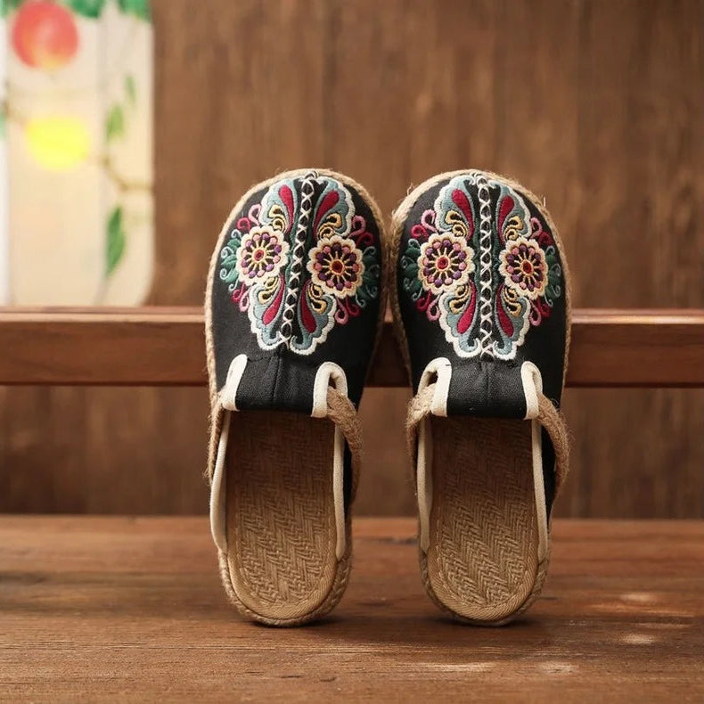 Retro Floral Linen Mules