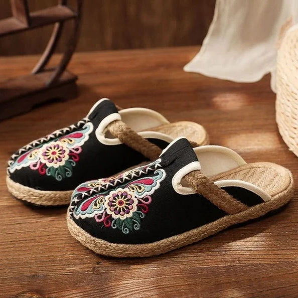 Retro Floral Linen Mules