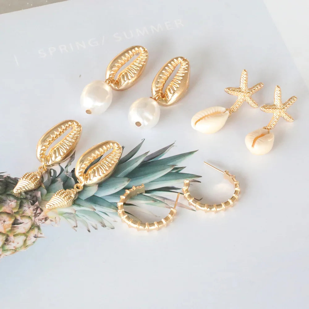Shell & Starfish Earring Set – 4 Pairs